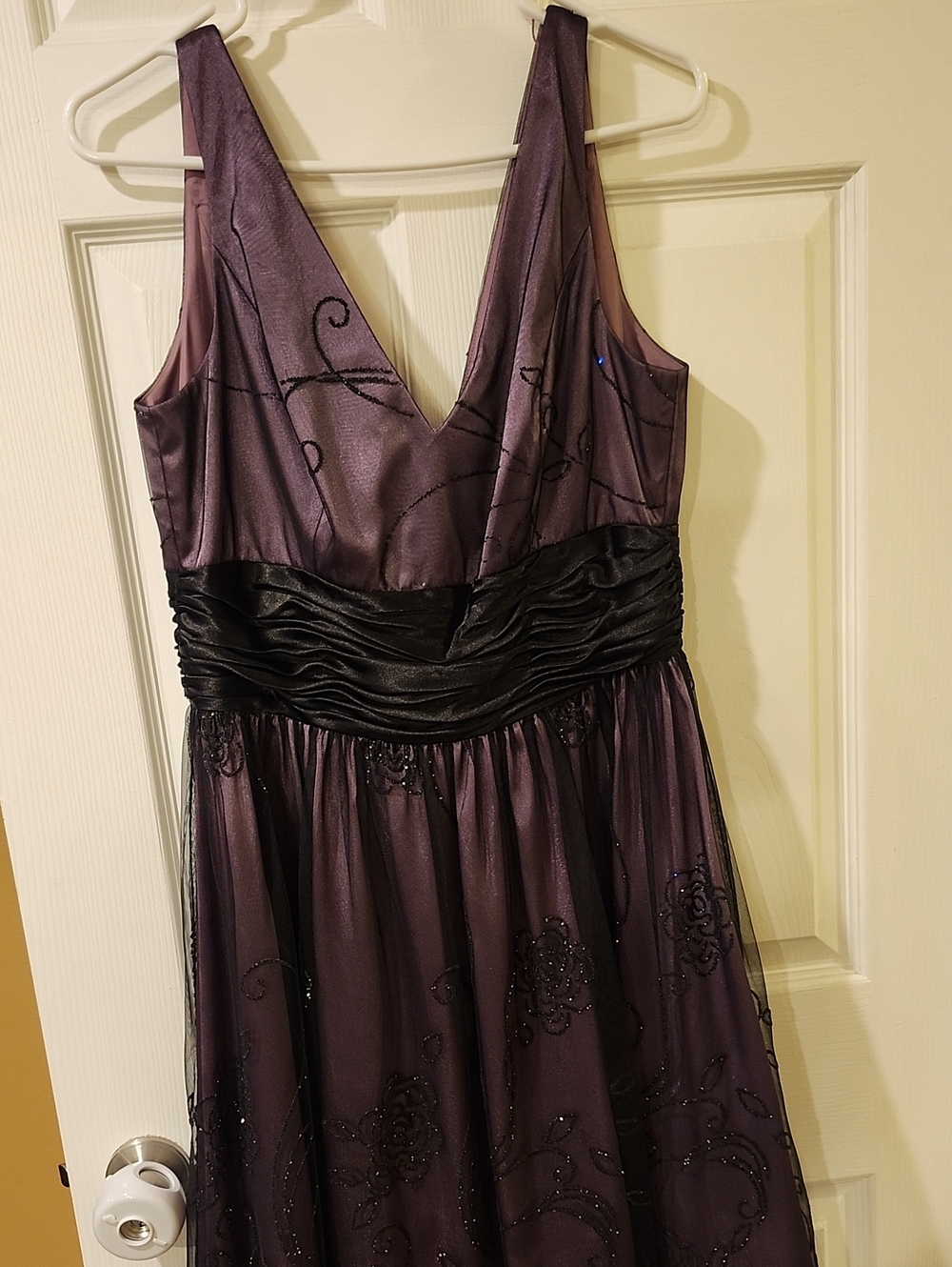 Adrianna Papell Plum V-Neck Formal Dress with Black Ruched Waistband
